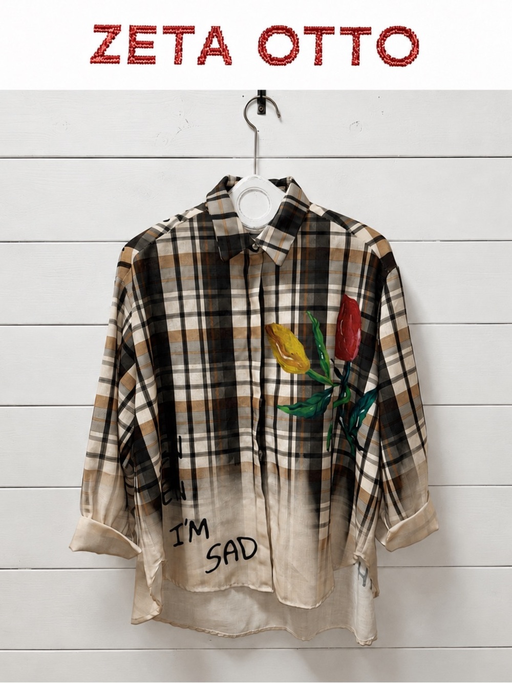 ZETA OTTO Oversized Plaid Floral Shirt One Size